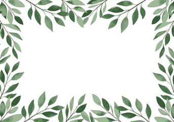 Botanical leaf border design, green and blue stylized foliage frame, blank center space, vector illustration for invitations and cards