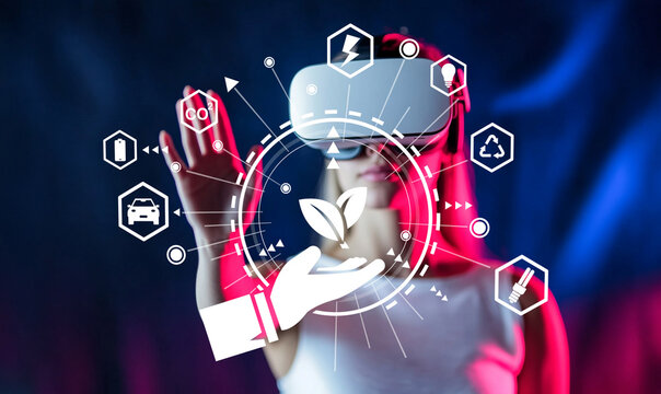 Woman in Virtual Reality Headset Engaging with Digital Eco-Friendly Icons and Symbols Representing Sustainability and Green Technology Ideas
