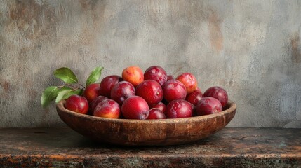 A rustic wooden bowl filled with fresh, ripe plums on a weathered wooden table against a textured, gray wall.