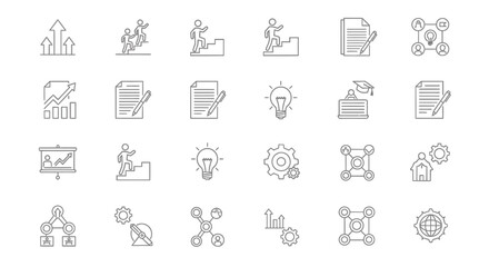 Collection of business and management related line icons.