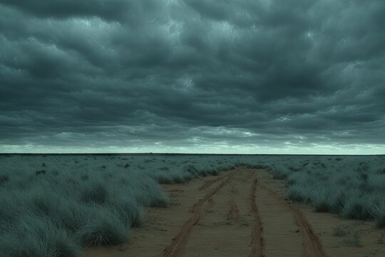 Storm clouds gather over a dusty outback track