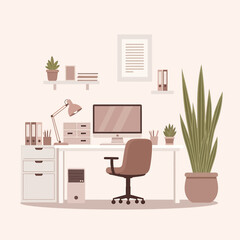 Fototapeta premium An illustration of a modern office workspace with a computer, desk, chair, and decorative plants.