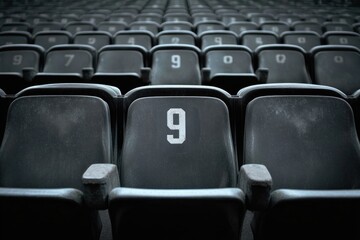 Close-up view of empty black stadium seats numbered nine in a repetitive pattern under subdued lighting