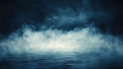 Obraz premium Dense fog hovering over calm dark water under a moody night sky, creating an eerie and mysterious atmosphere