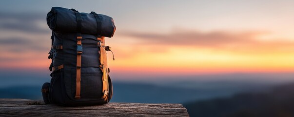 Backlit Silhouette Product concept. Backpack resting on a log against a vibrant sunset backdrop.
