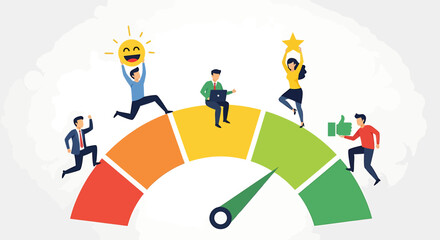 Customer satisfaction meter with people showing different levels of happiness.