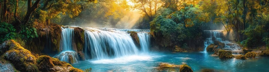 Obraz premium Serene flowing waterfall surrounded by lush green forest with warm sunlight streaming through trees over clear blue water and moss-covered rocks
