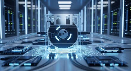 Futuristic Data Center with Glowing Server Racks and Central Processing Unit.