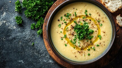 Warm Creamy Lentil Soup with Olive Oil Swirl and Parsley Garnish
