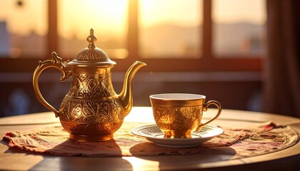 Fototapeta premium An ornate golden teapot and matching teacup sit on a table, silhouetted against a warm, golden hour sunset.