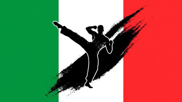 Italian Martial Arts: Dynamic Silhouette Kicking Over Flag