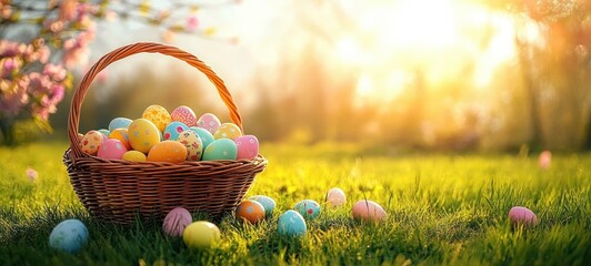 Wicker basket filled with colorful decorated eggs on green grass with scattered eggs around during warm golden sunlight