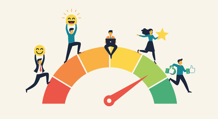 Illustration of people interacting with a satisfaction meter, showing different levels of happiness and feedback.