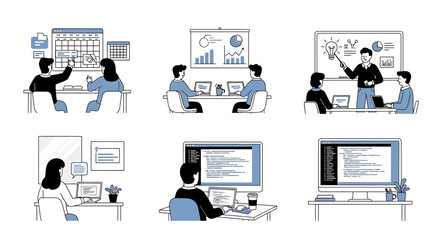 A collection of six illustrations depicting modern office work, including teamwork, programming, and business presentations.