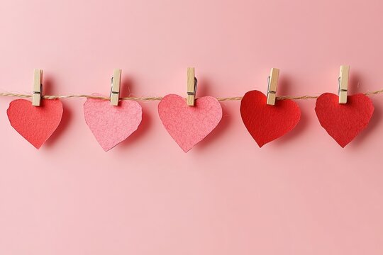 Five paper hearts in shades of red and pink hanging on a string against a pink background evoking a cheerful and loving atmosphere