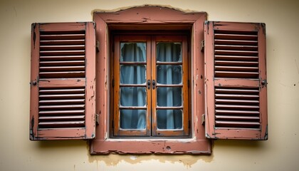 Fototapeta premium Weathered Window with Old Shutters Rustic Wall