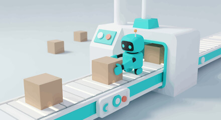 A cute turquoise robot arm placing a cardboard box onto a conveyor belt in a futuristic factory setting.