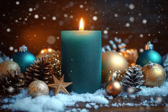 Lit teal candle surrounded by pine cones, golden and blue Christmas ornaments, star decoration, and artificial snow creating a festive winter atmosphere - Powered by Adobe