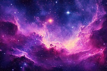 Obraz premium Vibrant purple and pink cosmic nebula with glowing stars scattered across deep space creating a sense of wonder and vastness
