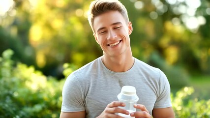 One young Caucasian man teenager hold supplement shaker stand outdoor, under gentle natural light, highlighting athletic pose and vibrant shaker, serene outdoor scene, calm dayligh - Powered by Adobe