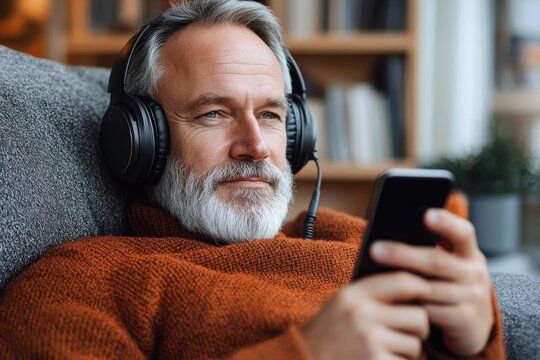 Mature man with grey beard wearing large headphones and cozy orange sweater sitting on couch while holding smartphone and looking thoughtfully