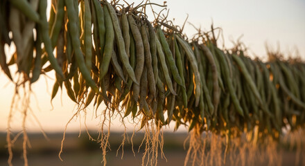 sun dried organic green beans hanging on string during sunset, closeup of mature legume pods with roots in rural agricultural setting