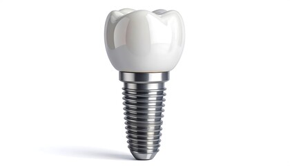 A close-up, isolated rendering showcases a gleaming, white dental implant. The crown sits atop a metallic screw base