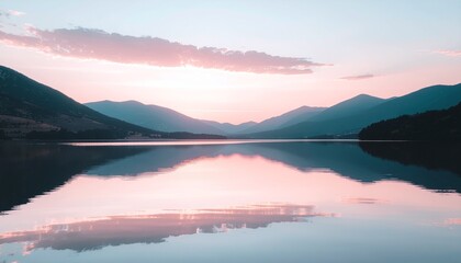 Obraz premium Stunning mountain lake at sunset reflecting pastel skies, perfect for serene travel campaigns and nature-inspired designs, evoking peace and tranquility