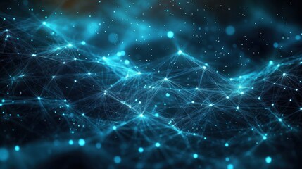 Abstract network of glowing blue interconnected points and lines forming a complex digital mesh on dark background, evoking technology and connectivity