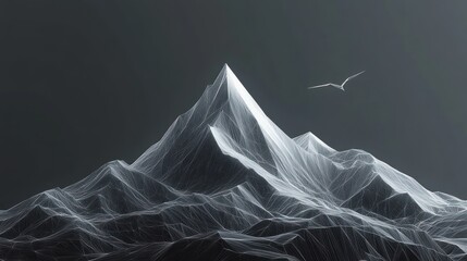 Abstract wireframe mountain landscape with sharp peaks under dark sky and a single bird flying in the distance