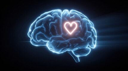 A digital artwork features a glowing brain silhouette with a heart symbol inside. It symbolizes the connection between intellect and emotions in a dark setting.