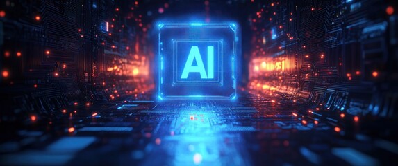 Glowing blue microchip with AI symbol in futuristic digital circuit environment with orange and blue lights conveying advanced technology theme