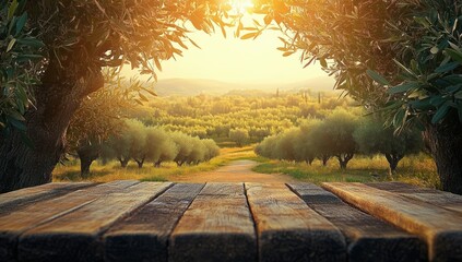 Rustic wooden table overlooking a peaceful olive grove at golden sunset with soft sunlight filtering through leaves