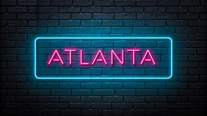 Fototapeta premium Atlanta neon sign glowing on dark brick wall background 