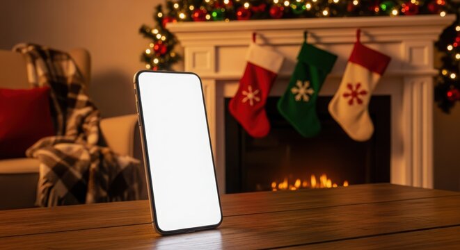 Smartphone on a wooden table in front of a cozy fireplace with stockings hung for christmas - Powered by Adobe