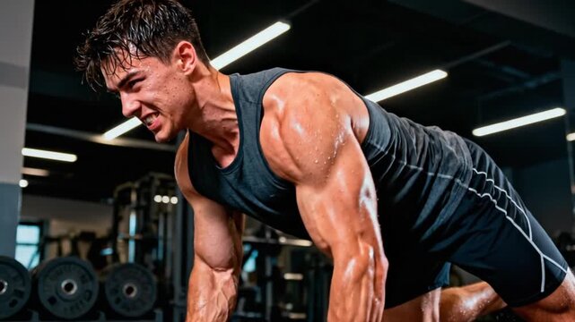 Muscular asian man doing one-arm dumbbell row