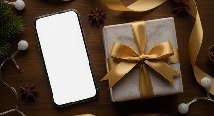 Christmas gift box with golden ribbon and smartphone with blank screen on wooden table with festive decorations