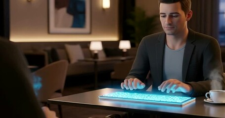 Man using holographic keyboard in modern cafe with city view at night - Powered by Adobe