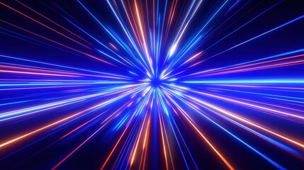 3D abstract background with glowing blue and orange neon light rays forming a dynamic space tunnel, fast motion lines, stardust explosion, and futuristic wormhole energy effect in vibrant cosmic style