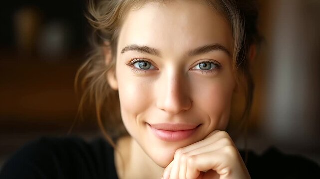 Positive young casual woman looking at camera, under gentle studio light, highlighting warm expression and relaxed pose, serene portrait scene, calm casual lighting, with copy spac