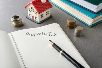 Words written 'PROPERTY TAX' on a book with a single fountain pen, placed beside a miniature modern house model, coins, and documents