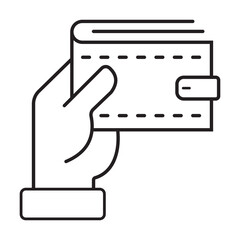 Hand holding a Wallet icon, outline illustration of closed wallet. Cash paying method. Vector illustration isolated on white background.