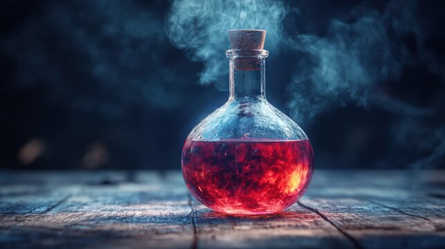 Glowing red potion in a glass bottle