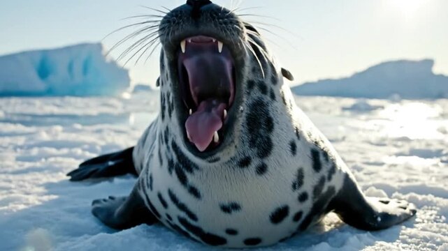 A gray spotted seal with its mouth wide open, letting out a big yawn on the frozen snow in Antarctica