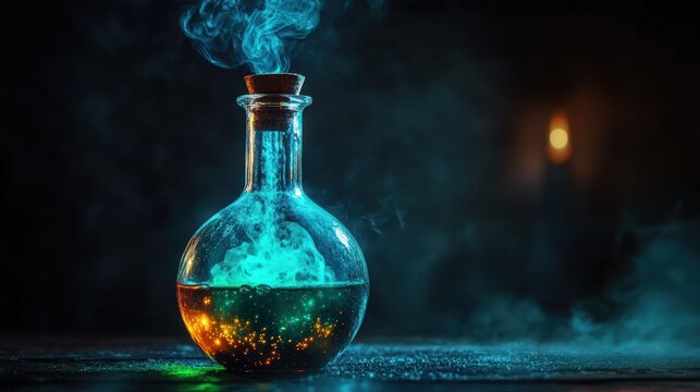 Mystical blue potion in a glass bottle