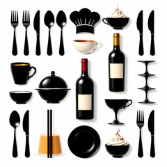 A beautifully organized collection of essential restaurant and dining elements, showcasing black tableware, cutlery, wine, and gourmet food icons isolated on a white background for culinary concepts