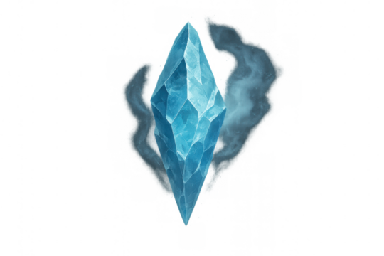 Blue ice crystal gem with sharp facets, producing wisps of magical smoke. Transparent background for easy layering