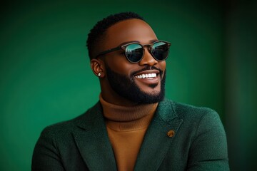 Confident smiling man with a beard wearing round sunglasses, brown turtleneck sweater, and green textured blazer against a green background