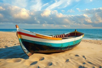 Naklejka premium colorful weathered wooden boat resting on sandy beach under a partly cloudy sky with calm ocean in the background