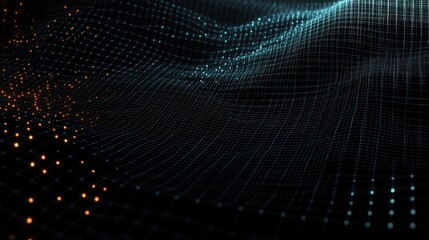 Wavy grid lines with glowing orange and blue nodes creating a digital landscape on a dark background conveying a futuristic and dynamic feel